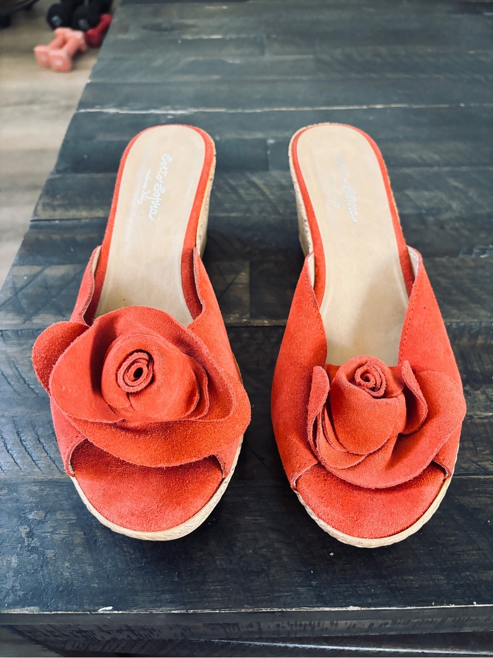 Red Suede Open-Toe Slide Mules with Rose Accent